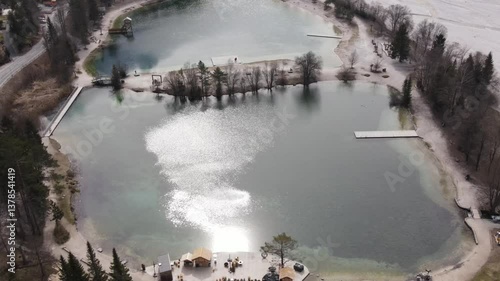 Beautiful aerial view Lake Jasna Slovenia near Alpes