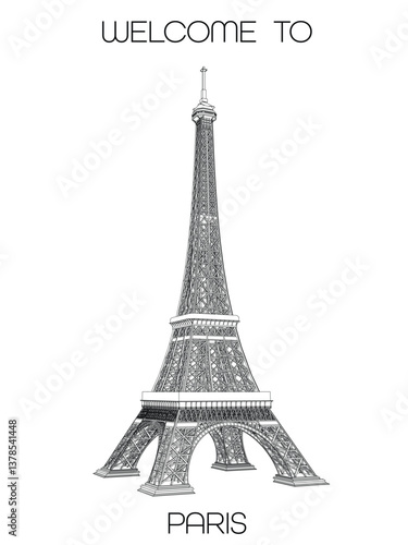 Welcome to Paris, line drawing of Eiffel Tower landmark wall decor poster. Iconic place in Paris, France. vector illustration