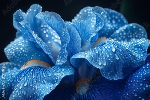 Ultra-Resolution Macro Shot of a Blue Iris Dew-Kissed Petals, Vivid Colors and Dark Dramatic Background