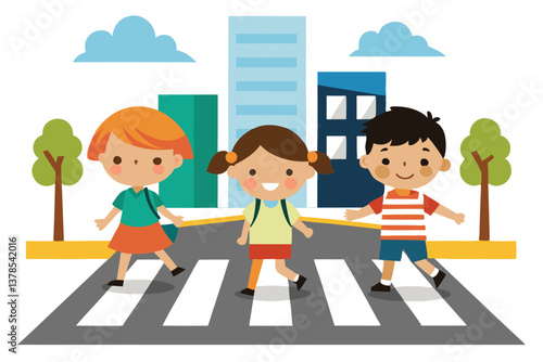 Children Crossing Zebra Lines With Urban Buildings, Trees, and Clouds in Flat Style