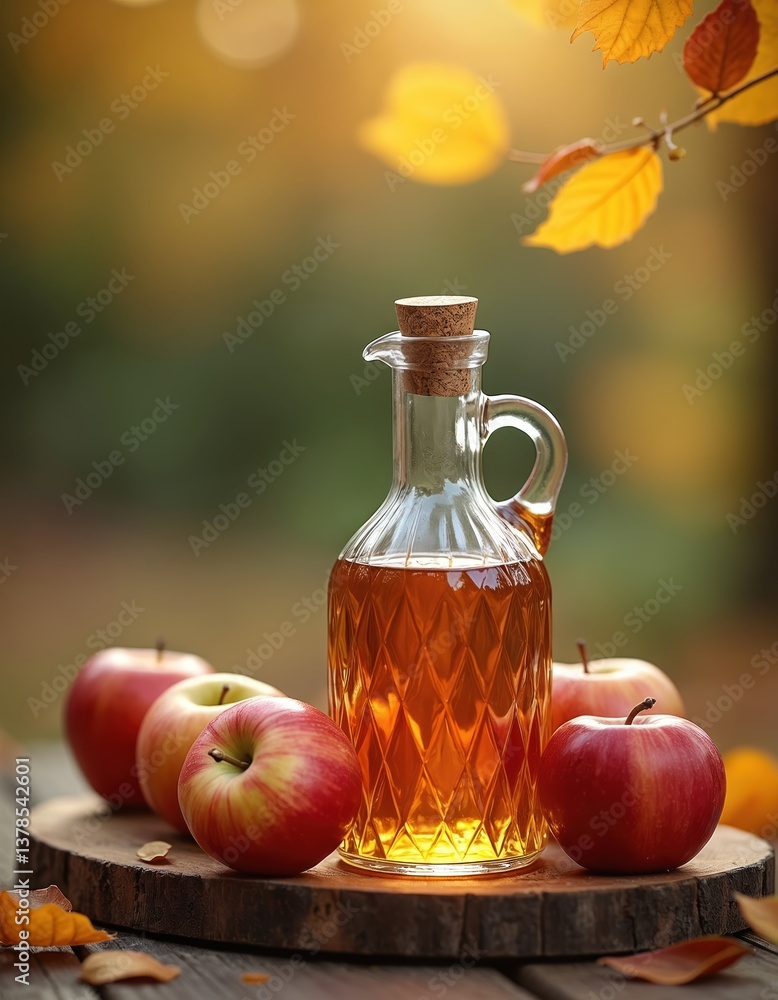 Fresh apples with apple cider vinegar bottle outdoor on wooden table. Natural autumn setting with red fruits, sunlight. Healthy food, drink concept, fall season.