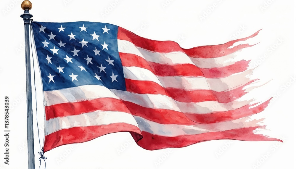 Obraz premium Watercolor illustration American flag waving in wind. Red, white, blue patriotic symbol. National symbol stars, stripes. United States of America, USA Independence Day background, freedom. Patriotic