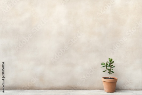 Minimalist scene featuring potted plant against textured, neutra