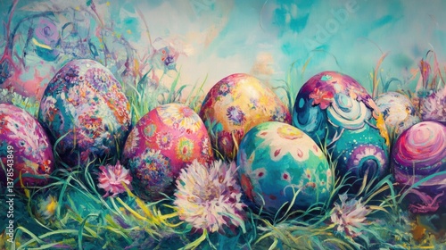 Elegantly decorated easter eggs nestled in pastel grass, vibrant poster