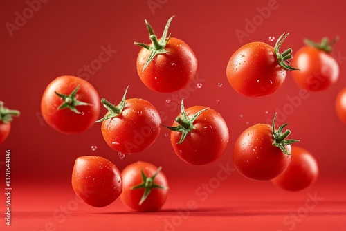 Fresh, juicy cherry tomatoes with water droplets, suspended in mid-air against a vibrant red backdrop