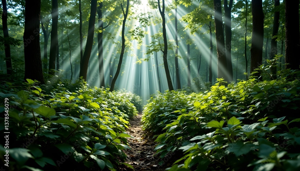 Fototapeta premium The interplay of light and shadow through the thick canopy above creates a mesmerizing display of dappled patterns that dance across the lush forest floor