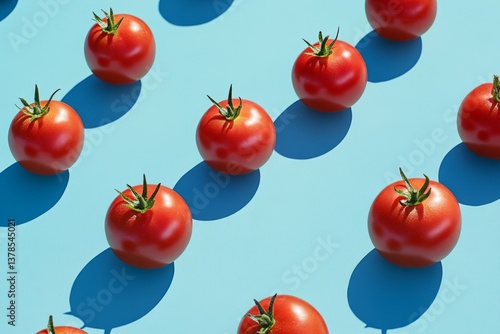 Fresh tomatoes with green stems are creating a diagonal pattern on a vibrant blue backdrop, casting distinct shadows