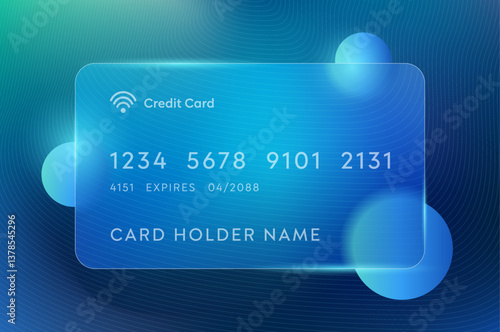 Glassmorphism Credit Card Template with Line Circle Abstract Blue Background. Plastic Glossy glasses Rectangle of Transparent with Blur Effect. Futuristic Morphism Art for Digital Banking.