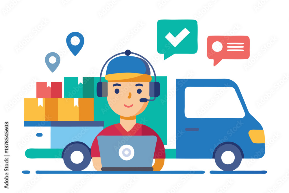 Courier Boy with Laptop in Delivery Van and Cardboard Boxes in Flat Design Courier Boy with Laptop in Delivery Van and Cardboard Boxes in Flat Design