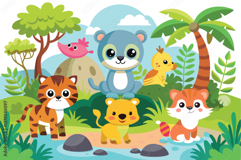Fototapeta premium Cute Cartoon Jungle Animals with Tiger, Bear, Lion, Duck and Bird