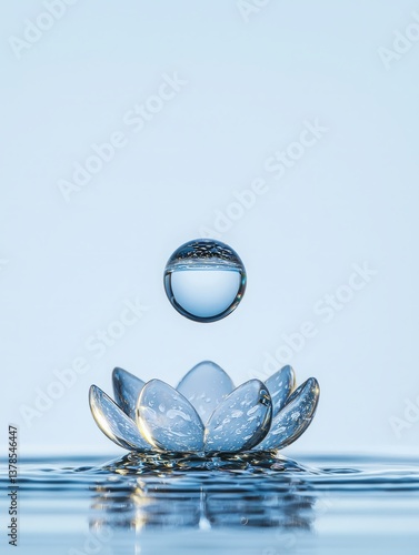 Slow life balance serenity wellness. A serene water droplet hovers above a glass-like lotus flower, creating a calm and tranquil visual effect against a soft blue background.