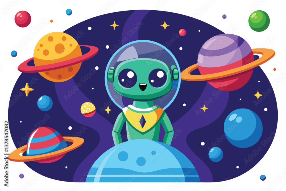 Naklejka premium Cute Green Alien in Space Helmet on Planet with Colorful Planets and Stars