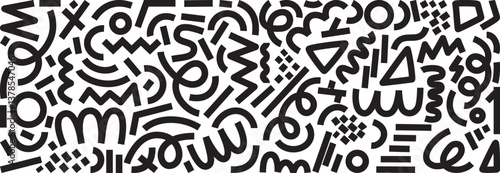 Squiggle bold scribble collection. Set abstract groovy doodle wavy stripes, line and shapes. Abstract arrow, circle, zigzag for textiles, fabrics, wallpaper, backdrop, paper, posters