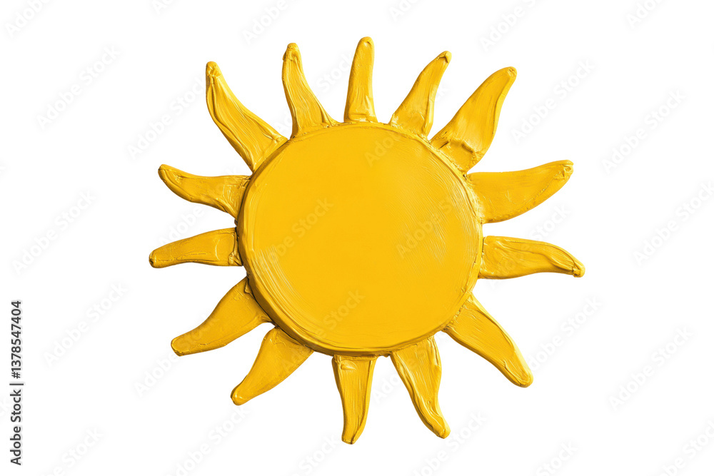 Bright yellow handcrafted sun design with sculpted rays on black background, cut out