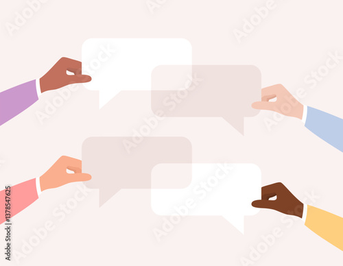 Hands of people of different nationalities and skin tones holding speech bubbles. Flat vector illustration