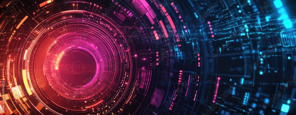 Futuristic digital abstract design featuring vibrant colors and circular patterns in a tech-inspired environment Futuristic digital abstract design featuring vibrant colors and circular patterns in a tech-inspired environment