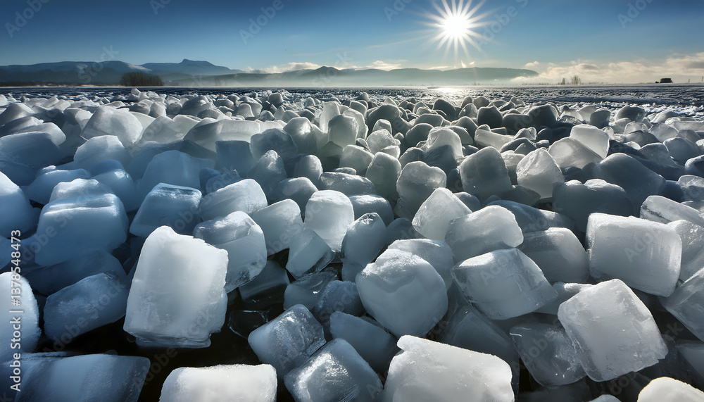 Obraz premium Bright ice cubes wallpaper, top view, nature concept; environmental protection.
