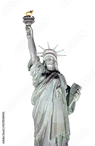 statue of liberty close up on a white background (lady with torch crown toga book) symbol of freedom democracy usa united states of america nyc landmark