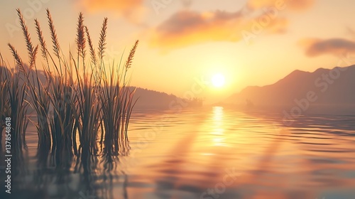 Serene sunset over calm lake water with reeds, tranquil nature landscape view, golden hour