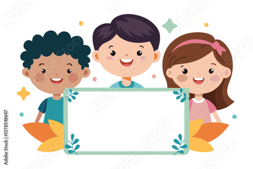 Diverse Cheerful Kids Holding Empty Decorated on White Background