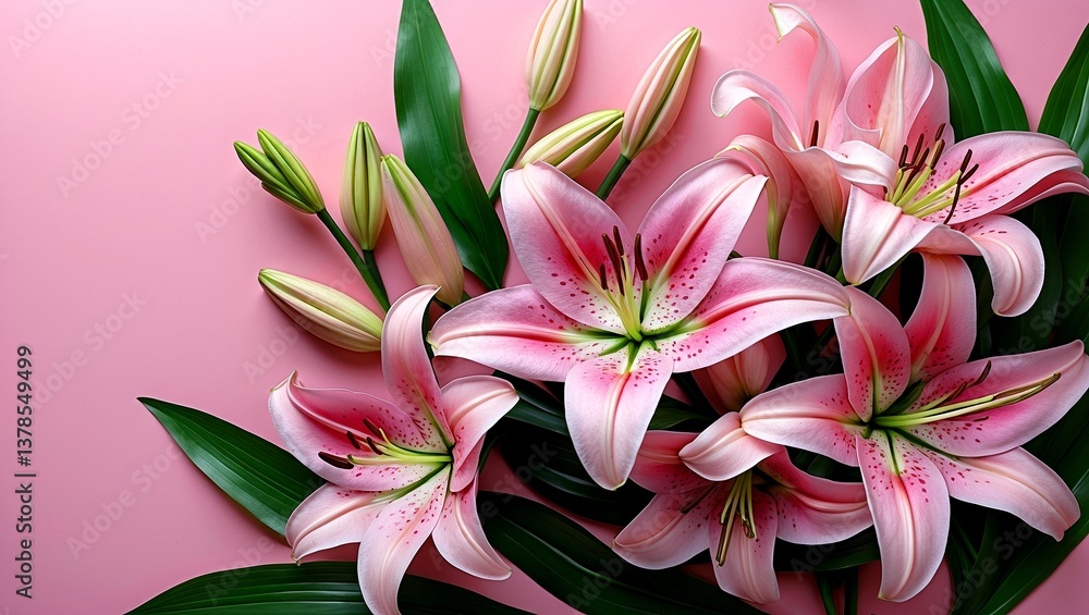 Fototapeta premium Pink lilies on soft pink background signifying elegance