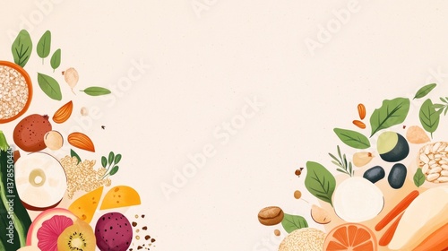 Fototapeta Naklejka Na Ścianę i Meble -  Fresh fruits and vegetables create vibrant, colorful arrangement