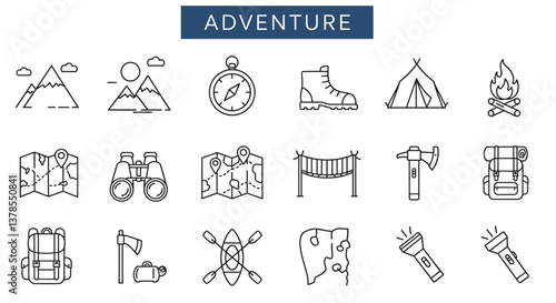 Adventure icons: A set of line art illustrations depicting various adventure activities.