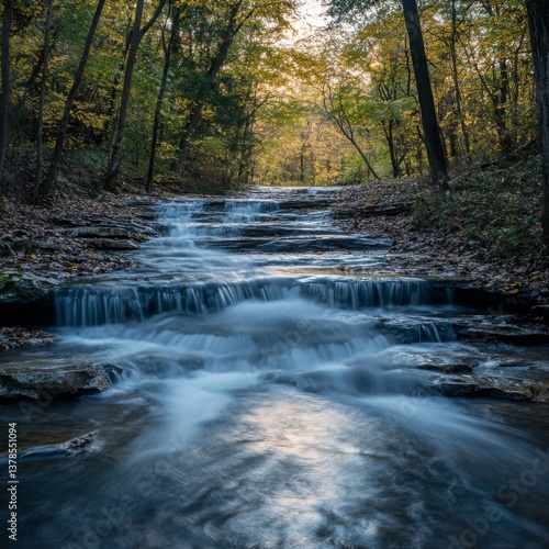Tranquil forest waterfall stream amidst autumn foliage at sunset