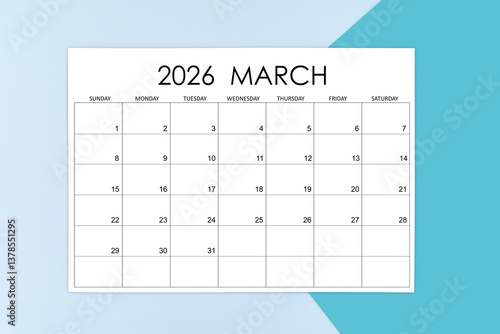 Wallpaper Mural March calendar card for 2026 year on blue background. Torontodigital.ca