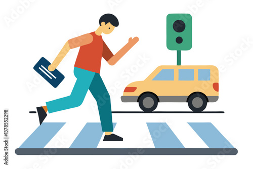 Flat Man Running at Crosswalk With Yellow Car, Traffic Light on White