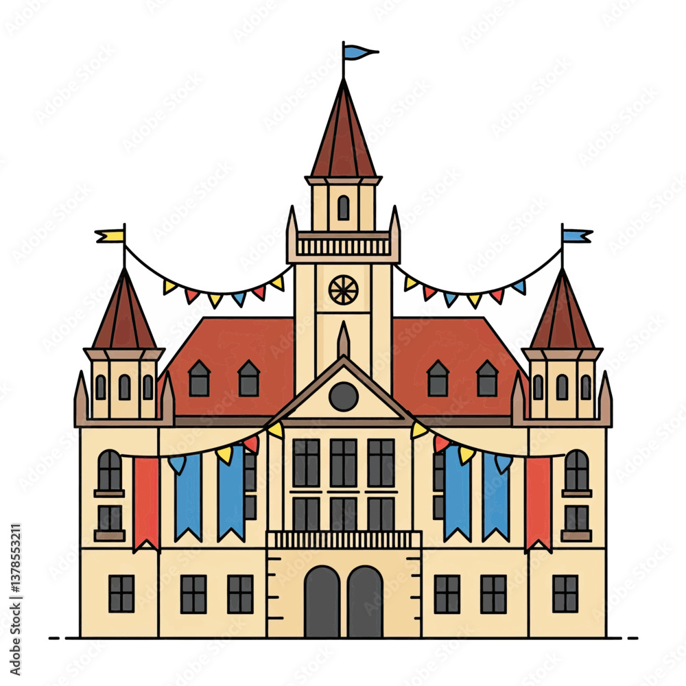 Fototapeta premium Historical Building With Carnival Decorations on a White Background