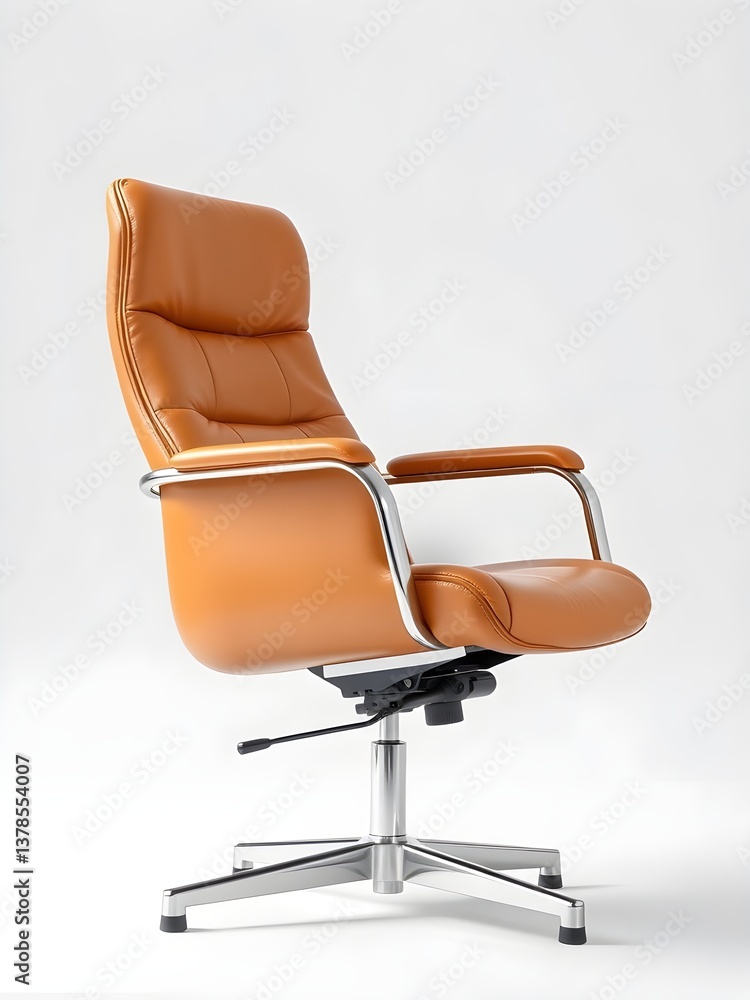 A studio shot of a modern office chair with a tan leather seat and back, featuring sleek chrome armrests and a pedestal base. A studio shot of a modern office chair with a tan leather seat and back, featuring sleek chrome armrests and a pedestal base.