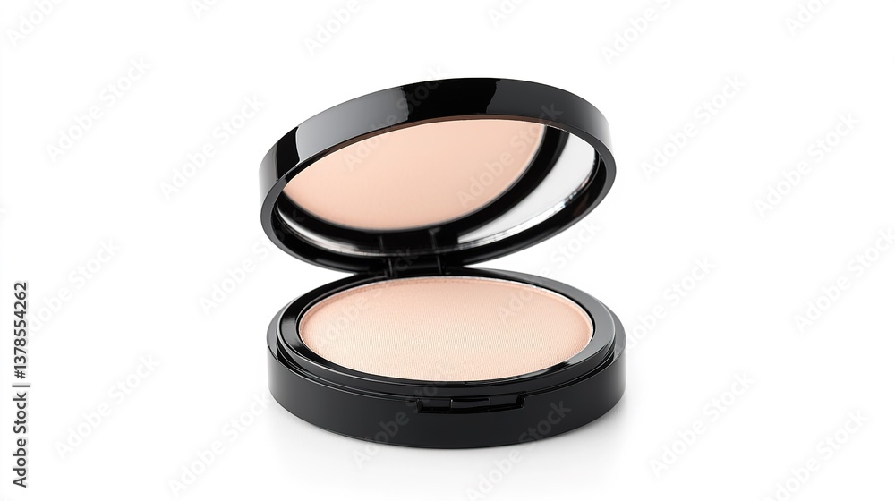 Compact powder case with mirror opened in elegant setting beauty product studio environment high-resolution view Compact powder case with mirror opened in elegant setting beauty product studio environment high-resolution view