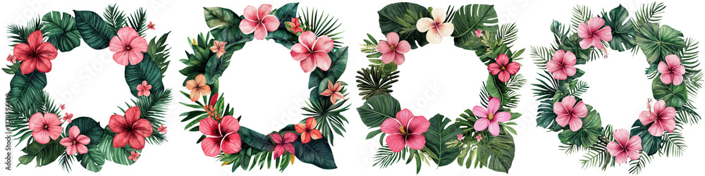 Obraz premium Tropical flower wreath with lush green leaves