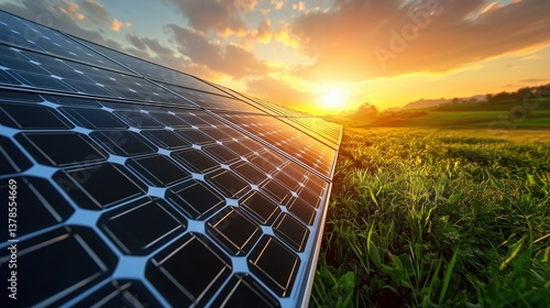 A close-up of solar panels on a lush green field, capturing the warm glow of the setting sun reflecting off the panels.