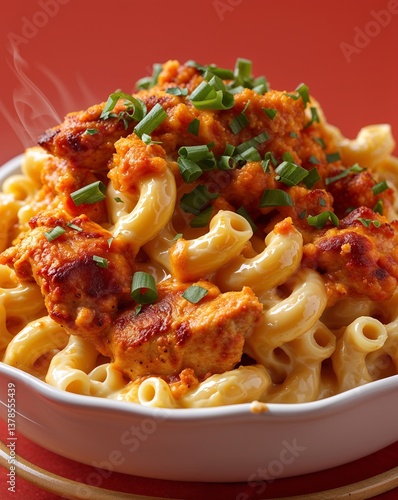 A gooey looking buffalo chicken mac and cheese on a plain fiery red background