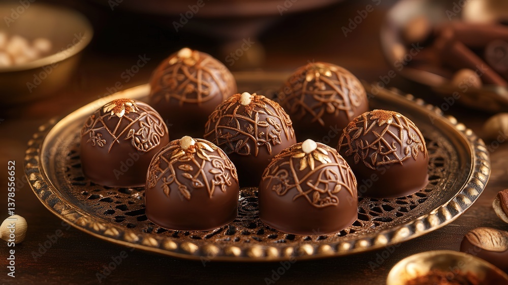 luxurious display of Dubai chocolate truffles, each filled with aromatic spices like cardamom and cinnamon. luxurious display of Dubai chocolate truffles, each filled with aromatic spices like cardamom and cinnamon.