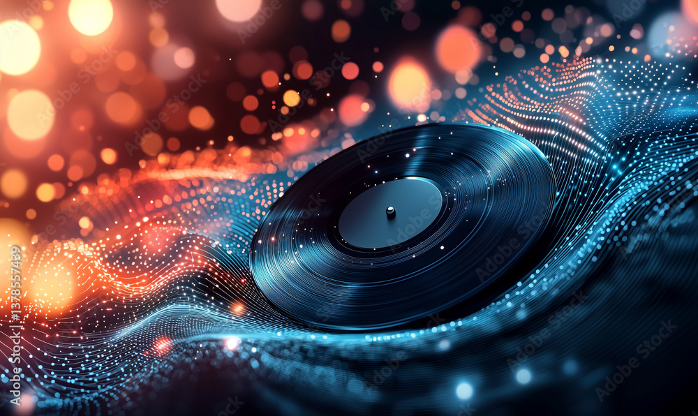 Dynamic music vinyl record digital atmosphere abstract visual art colorful lights close-up view sound wave concept