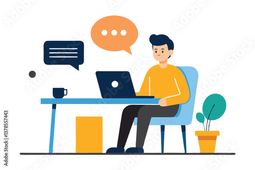 Isolated Flat Man Working on Laptop with Speech Bubbles on White