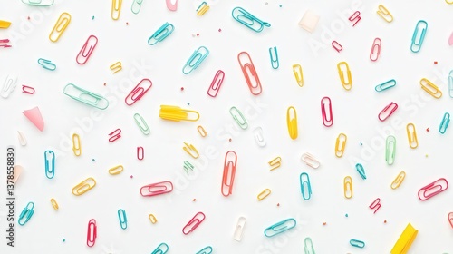 colorful paper clips on a white background, emphasizing the office organization concept.