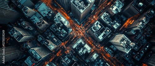 Overhead shot of an illuminated city intersection, capturing symmetrical urban geometry and vibrant night energy from window-lit skyscrapers.