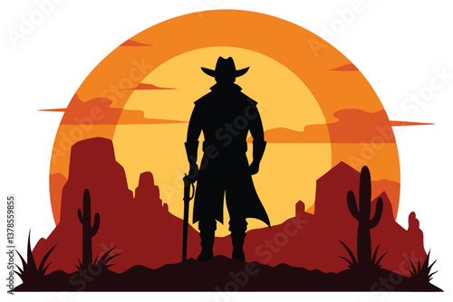 Silhouette Cowboy Standing with Gun in Desert Landscape at Sunset Scenery