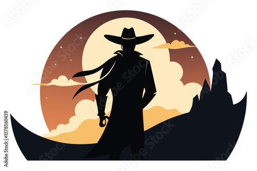 Silhouette Cowboy with Scarf in Sunset on Isolated White