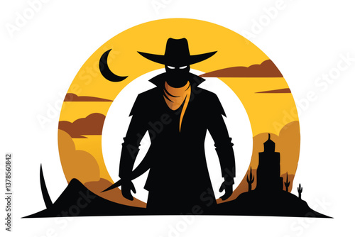 Silhouette Cowboy with Hat, Yellow Bandana and Desert Landscape on White Backdrop