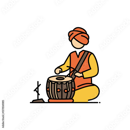 Rhythmic Performance: A stylized illustration of a musician engrossed in playing the tabla drum.