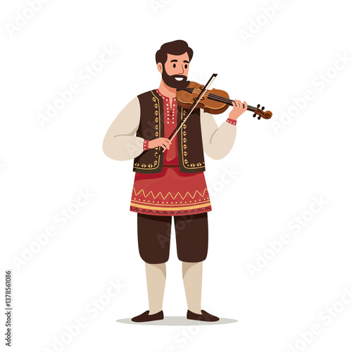Musical Harmony: A person dressed in traditional attire serenades with a violin, captured in a vibrant and animated illustration.