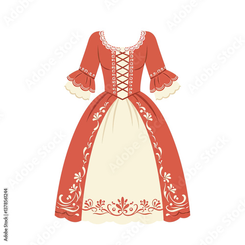 Regal Gown: A beautifully illustrated, ornate gown, fit for royalty, with an elaborate bodice and flowing skirt, evokes the grace and charm of a bygone era.