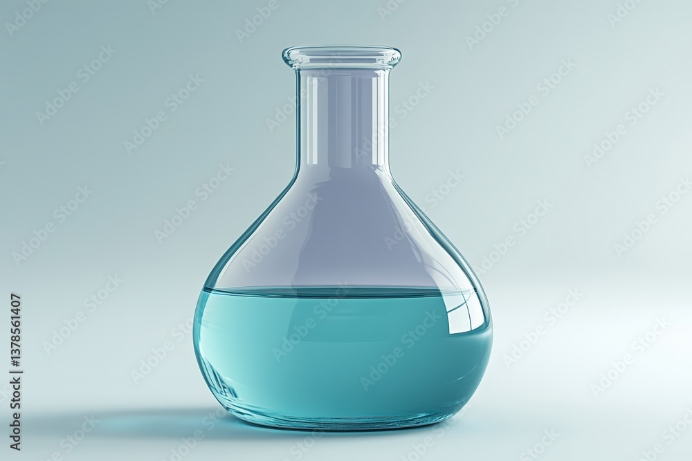 Clear glass flask containing turquoise liquid on a light background with a minimalist aesthetic Clear glass flask containing turquoise liquid on a light background with a minimalist aesthetic