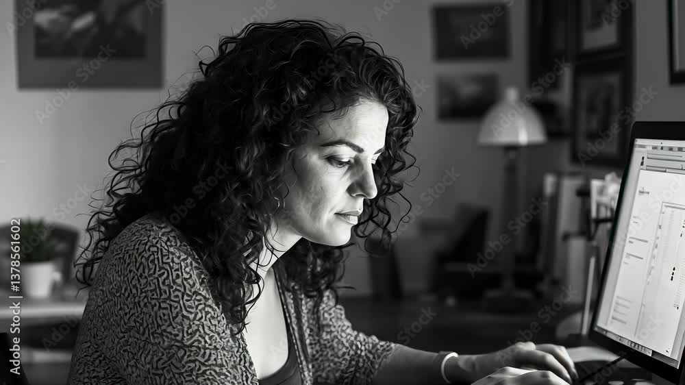 Woman working intently on computer in cozy home office while focusing on important tasks Woman working intently on computer in cozy home office while focusing on important tasks