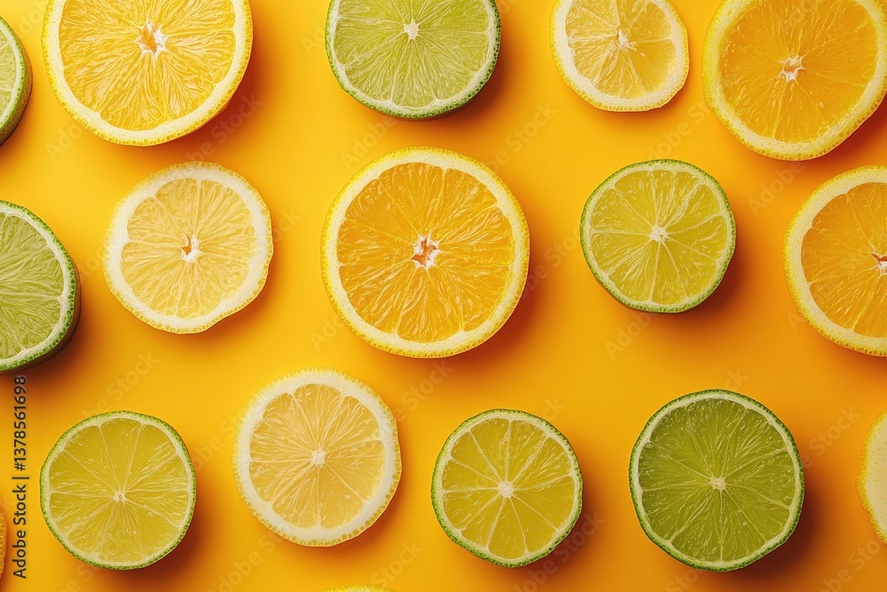 Obraz premium Fresh lemon and lime slices arranged on a vibrant yellow background for a cheerful culinary display